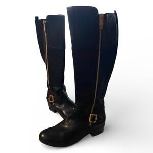 Liz Clariborne Jepson Knee Boots 7M Black Faux Leather Gold Side Zip Buckle